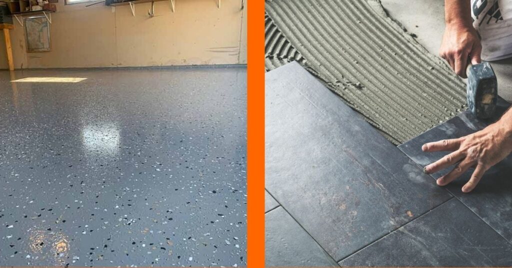 side by side images of tile and epoxy flooring - Innovative Garage Flooring epoxy flooring