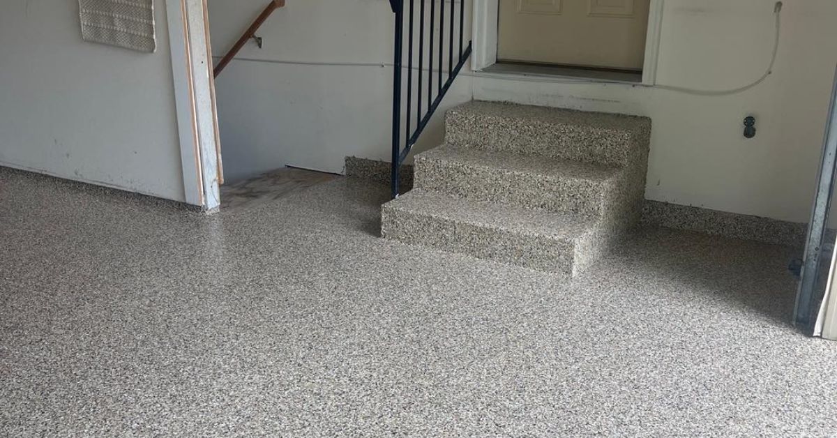 full flake epoxy flooring on stairs and in a garage - Innovative Garage Flooring epoxy flooring contractors near