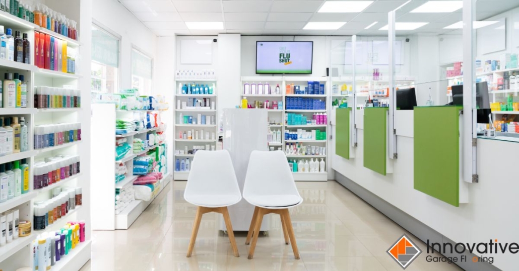 empty pharmacy with shelves of medication - Innovative Garage Flooring epoxy flooring for medical and healthcare facilities