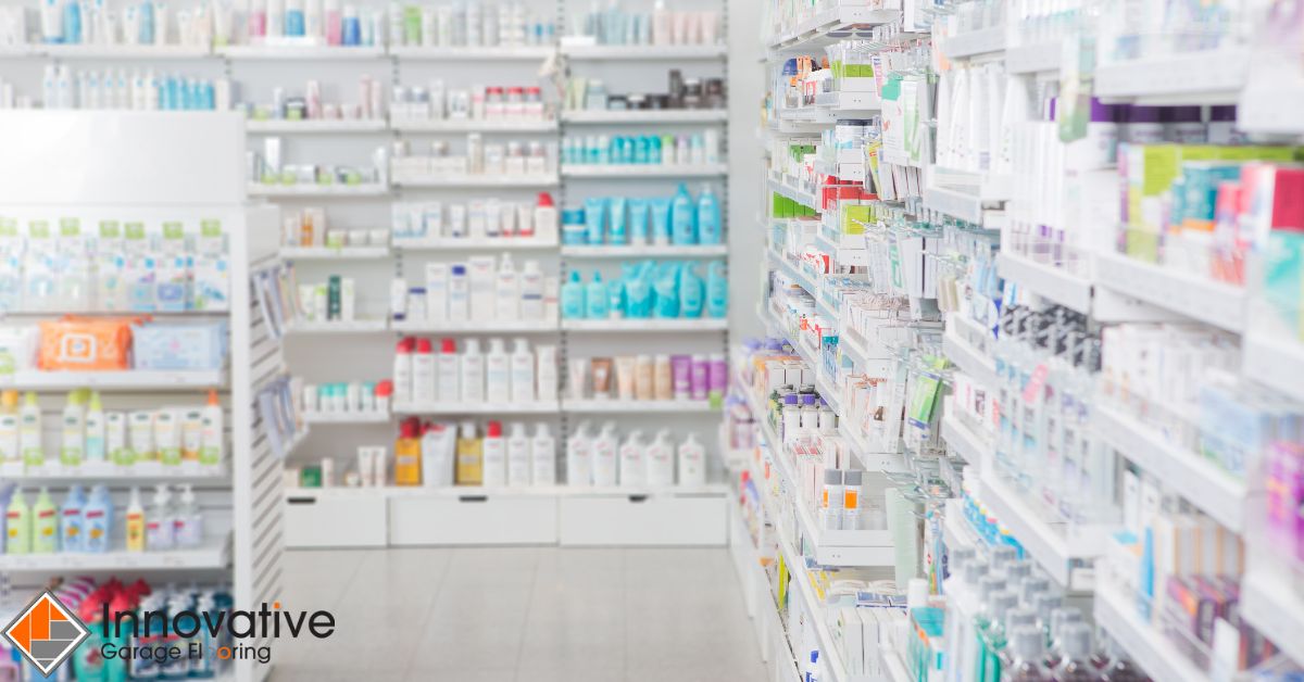 empty pharmacy with shelves of medication - Innovative Garage Flooring epoxy flooring for medical and healthcare facilities