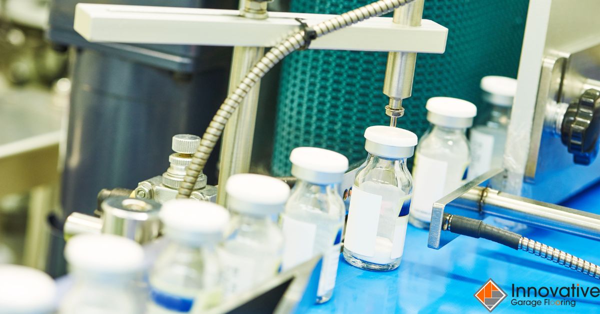 small vials of clear medication at a pharmacy factory - Innovative Garage Flooring industrial epoxy flooring