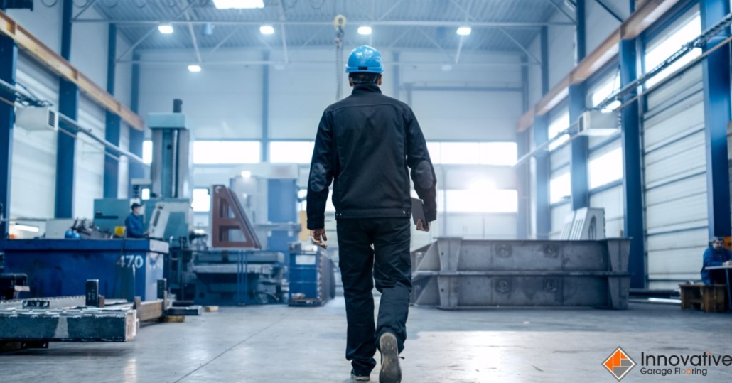 man in a factory wearing a hard hat and holding a clipboard - Innovative Garage Flooring industrial epoxy flooring